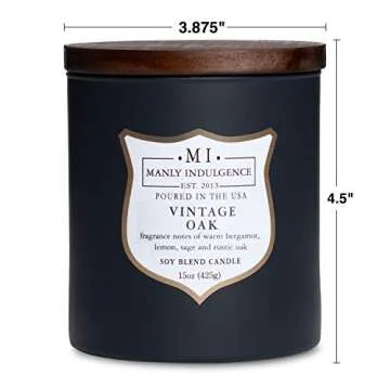 Manly Indulgence Vintage Oak Scented Jar Candle, Wood Wick, Premium Soy Blend White Wax, 60 hr Burn, Matte Dark Gray Jar Candle for Home and Men, 15 oz - USA Poured