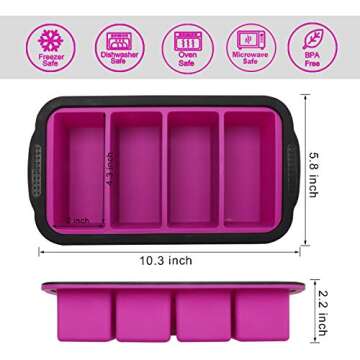 1 Cup Extra Large Silicone Cube Freezing Trays with lid for soup,broth,sauce or butter, Silicone Freezer Container Molds Soup Trays -makes four great portions 1cup Cube(2 PACK, Purple)