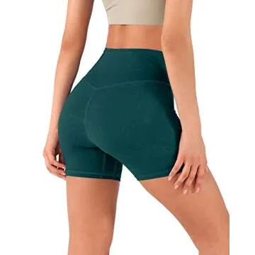 ODODOS Women's 5" Crossover Yoga Shorts with Inner Pocket, High Waist Sports Athletic Workout Running Biker Shorts, Embossed Wave Forest Teal, Medium
