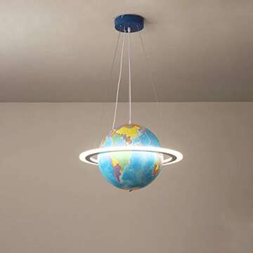 LITFAD Modern Kids LED Pendant Light Chandelier Blue Ringed Earth Planet Hanging Light with PVC Shade for Children's Room Kids Bedroom Kindergarten - Small 15" (38 cm)