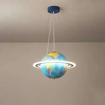 LITFAD Modern Kids LED Pendant Light Chandelier Blue Ringed Earth Planet Hanging Light with PVC Shade for Children's Room Kids Bedroom Kindergarten - Small 15" (38 cm)