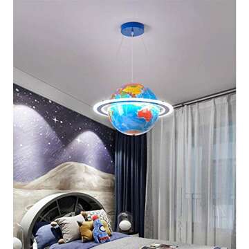 LITFAD Modern Kids LED Pendant Light Chandelier Blue Ringed Earth Planet Hanging Light with PVC Shade for Children's Room Kids Bedroom Kindergarten - Small 15" (38 cm)