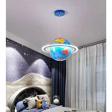 LITFAD Modern Kids LED Pendant Light Chandelier Blue Ringed Earth Planet Hanging Light with PVC Shade for Children's Room Kids Bedroom Kindergarten - Small 15" (38 cm)