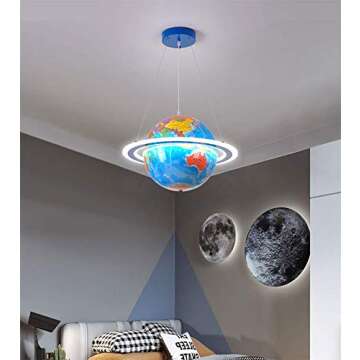 LITFAD Modern Kids LED Pendant Light Chandelier Blue Ringed Earth Planet Hanging Light with PVC Shade for Children's Room Kids Bedroom Kindergarten - Small 15" (38 cm)