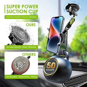 Suction Cup Holder Phone Mount Car 360° Rotating,Universal Ball Head Arm for Phone Car Holder Video Recording Vlog Ballhead Magic Arm Cell Phone for Car Dashboard Windshield Vehicle Sunroof (Black)
