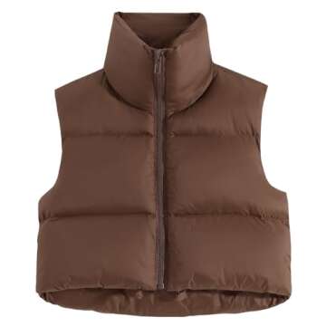 Fuinloth Women's Padded Vest, High Stand Collar Lightweight Zip Crop Puffy Gilet Brown S
