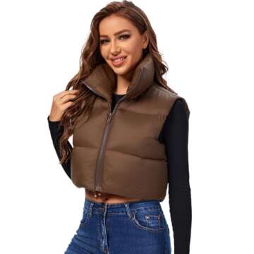 Fuinloth Women's Padded Vest, High Stand Collar Lightweight Zip Crop Puffy Gilet Brown S