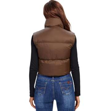 Fuinloth Women's Padded Vest, High Stand Collar Lightweight Zip Crop Puffy Gilet Brown S