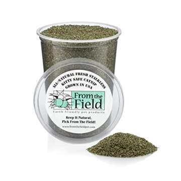 from The Field | Fine Ground Stalkless Catnip | Premium USA-Grown Catnip for Toys & Playtime | Fresh, Potent, Non-Toxic, Eco-Friendly | Safe for Kittens & Cats | Resealable 6 oz Tub