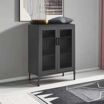 SONGMICS Metal Storage Cabinet with Mesh Doors, Steel Display Cabinets with Adjustable Shelves for Bathroom Home Office, Black UOMC002B01