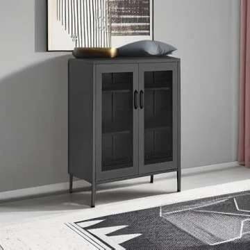 SONGMICS Metal Storage Cabinet with Mesh Doors, Steel Display Cabinets with Adjustable Shelves for Bathroom Home Office, Black UOMC002B01