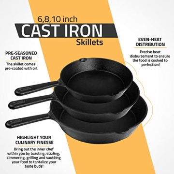 Cast Iron Skillet Set - 3 Pre-Seasoned Pans