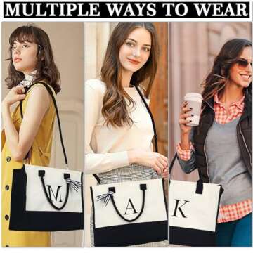 YOOLIFE Personalized Initial L Canvas Tote Bag with Makeup Bag for Women