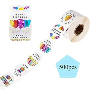 Happy Birthday Stickers, Round Happy Birthday Stickers,Waterproof Self Adhesive Stickers Happy Birthday with 500 pcs Round Label Rolls (1.5" Round - 500 Labels Per Roll) for Kids Party Decoration