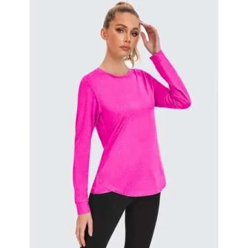 PINSPARK Long Sleeve Athletic Tops for Women Round Neck Yoga Shirt Lightweight Sports Top Quick Dry Workout Shirt, Hot Pink Small