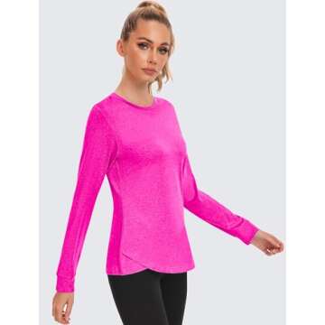 PINSPARK Long Sleeve Athletic Tops for Women Round Neck Yoga Shirt Lightweight Sports Top Quick Dry Workout Shirt, Hot Pink Small