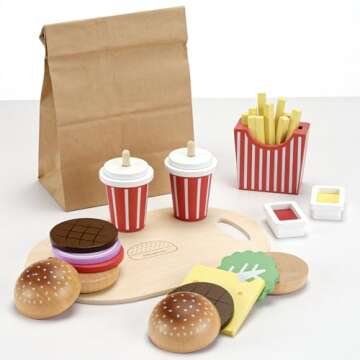 Pillowhale Wooden Play Food Toy for Kids Pretend Play Kitchen Accessories for Toddlers Wooden Play Fast Food Hamburger Set Educational Toys Gift for Boys Girls