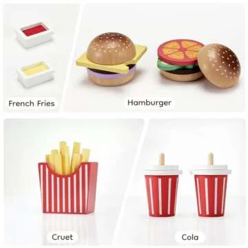 Pillowhale Wooden Play Food Toy for Kids Pretend Play Kitchen Accessories for Toddlers Wooden Play Fast Food Hamburger Set Educational Toys Gift for Boys Girls