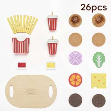 Pillowhale Wooden Play Food Toy for Kids Pretend Play Kitchen Accessories for Toddlers Wooden Play Fast Food Hamburger Set Educational Toys Gift for Boys Girls