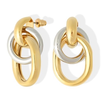 Luxurious Large Chunky Dangle Earrings for Women - 18K Gold Plated Two Tone Drop Earrings
