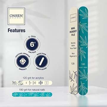 Onsen Secret Japanese Nail File - Professional 6-Pack Nail Files, Double Sided Natural & Acrylic Nail Filers - 120/180 Grit - Disposable, Salon Smooth | Best Onsen Nail File for Shiny Nails