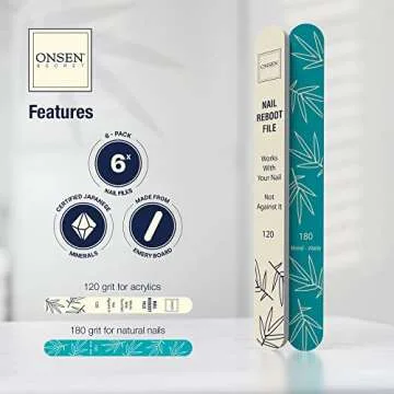 Onsen Secret Japanese Nail File - Professional 6-Pack Nail Files, Double Sided Natural & Acrylic Nail Filers - 120/180 Grit - Disposable, Salon Smooth | Best Onsen Nail File for Shiny Nails
