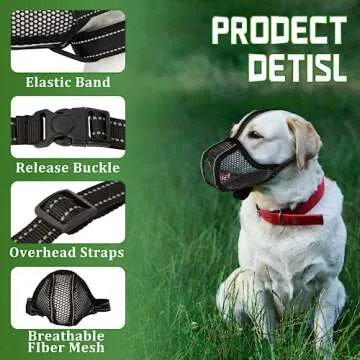 Dog Muzzle Basket Soft Dog Muzzle for Small Medium Large Size Breed Dogs Anti Biting Licking Chewing Adjustable Mesh Dog Muzzle with Reflective Strap for Dog Grooming & Daily Activities Black L