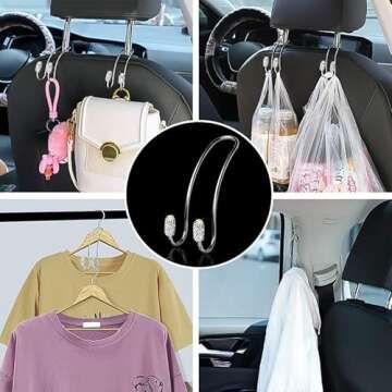 Guoord 【2024 Upgraded】 Car Headrest Hook Decorations, 2 Pcs Bling Purse Hook Hangers, Stainless Hooks Car Hangers and Durable Backseat Holder, Storage Universal for SUV Truck Vehicle(White)