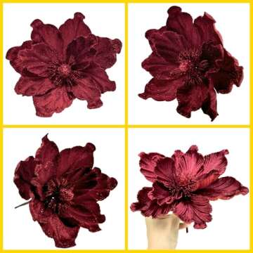 M2cbridge Artificial Christmas Magnolia Flowers Red Velvet Poinsettia Floral Picks for Christmas Wreath Tree Ornaments (4pcs Maroon Magnolia)