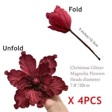 M2cbridge Artificial Christmas Magnolia Flowers Red Velvet Poinsettia Floral Picks for Christmas Wreath Tree Ornaments (4pcs Maroon Magnolia)