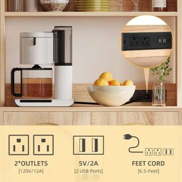 YITAHOME Bakers Rack Cabinet with Power Outlet Woven Rattan Microwave Stand Farmhouse Freestanding Small Kitchen Pantry Hutch Tall Thickened Counter Coffee Bar with Storage Shelves Oak