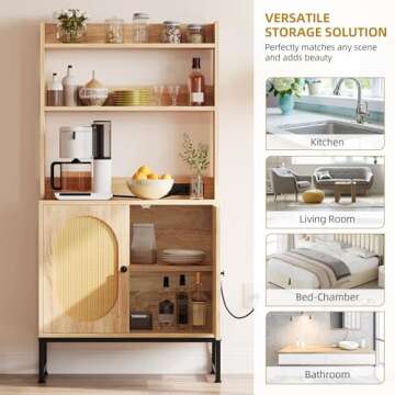 YITAHOME Bakers Rack Cabinet with Power Outlet Woven Rattan Microwave Stand Farmhouse Freestanding Small Kitchen Pantry Hutch Tall Thickened Counter Coffee Bar with Storage Shelves Oak