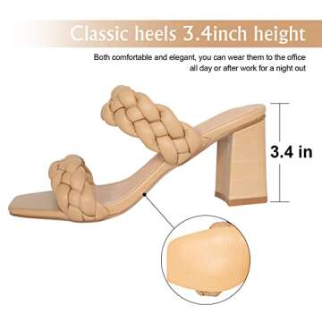 Athlefit Women's Braided Heels Square Toe Strappy Braided Sandals Slides Slip On Woven Block Tan Heels Size 9