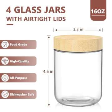 DRKIO 16 Oz Overnight Oats Containers with Bamboo Lids - 4 Pack Glass Storage Jars for Meal Prep and...
