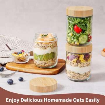 DRKIO 16 Oz Overnight Oats Glass Jars - 4 Pack with Bamboo Lids