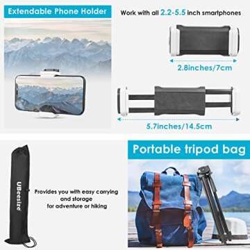 UBeesize 50" Phone Tripod, [2022 Upgraded] Extendable Cell Phone Tripod with Carry Bag and Phone Holder, Compatible with iPhone, Android, Camera.