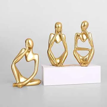 3Pcs The Thinker Statue Creative Figurines for Bookshelf Decor, Home Decor, Office Shelf, Desktop, Living Room,Modern Home,Golded and Black (Gold)