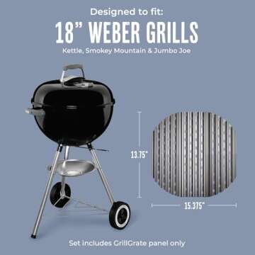 GrillGrate for 18.5" Weber Kettle, Smokey Mountain, and Jumbo Joe | Premium Charcoal Grill Accessory | Patented Design for Juicier, More Flavorful Food | Hard Anodized Aluminum Grill Surface