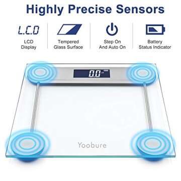 400lb / 180kg Digital Body Weight Bathroom Scale, High Precision Weighing Scale with Step-On Technology, Tempered Right Angle Glass Balance Platform and Backlight Display