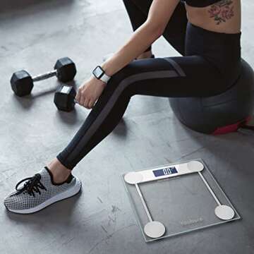 400lb / 180kg Digital Body Weight Bathroom Scale, High Precision Weighing Scale with Step-On Technology, Tempered Right Angle Glass Balance Platform and Backlight Display