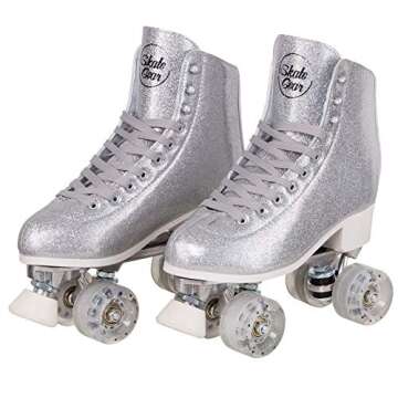 C SEVEN Sparkly Retro Quad Roller Skates (Glitter Silver, Women's 6 / Youth 5 / Men's 5)
