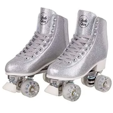 C SEVEN Sparkly Retro Quad Roller Skates (Glitter Silver, Women's 6 / Youth 5 / Men's 5)