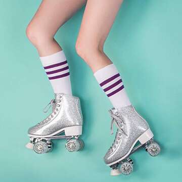 C SEVEN Sparkly Retro Quad Roller Skates (Glitter Silver, Women's 6 / Youth 5 / Men's 5)