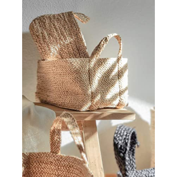 GooBloo Handmade Woven Basket 100% Jute - 10” x 7” - Set of 2- Storage Basket for Living Room, Toys, Storage, Towels or Nursery - Wicker Baskets with Handles - Handmade Natural Bathroom Hampers