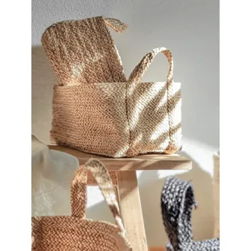 GooBloo Handmade Woven Basket 100% Jute - 10” x 7” - Set of 2- Storage Basket for Living Room, Toys, Storage, Towels or Nursery - Wicker Baskets with Handles - Handmade Natural Bathroom Hampers