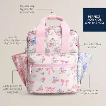 Itzy Ritzy Toddler Backpack - Daycare Bag - Features Adjustable Shoulder Straps, 2 Side Pockets & Spacious Interior with Wipeable Fabric Lining & Name Label, Ribbons & Roses Backpack