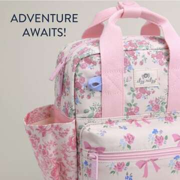 Itzy Ritzy Toddler Backpack - Daycare Bag - Features Adjustable Shoulder Straps, 2 Side Pockets & Spacious Interior with Wipeable Fabric Lining & Name Label, Ribbons & Roses Backpack