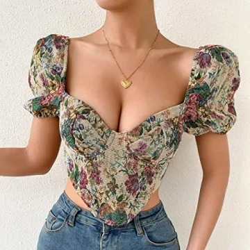 Elegant Short Sleeve Corset Crop Top with Floral Design