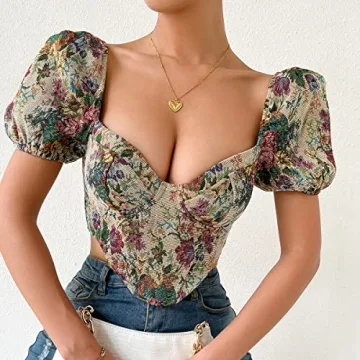 Elegant Short Sleeve Corset Crop Top with Floral Design