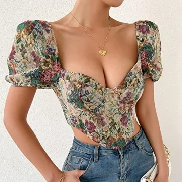 Elegant Short Sleeve Corset Crop Top with Floral Design